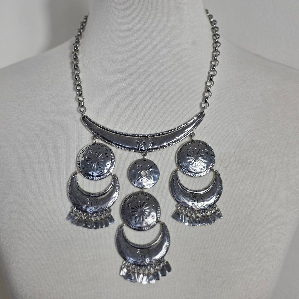 Chico's Silver Tone Pendant Necklace Santa-Fe Inspired Engraved Rings & Crescent